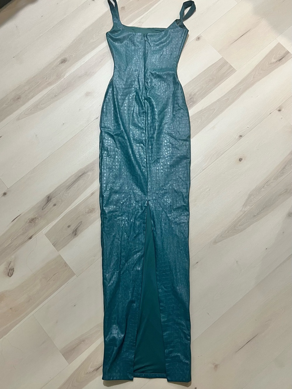 Naked Wardrobe New Faux Leather Croc Embossed Square Neck Maxi Dress Deep Teal - Picture 6 of 11